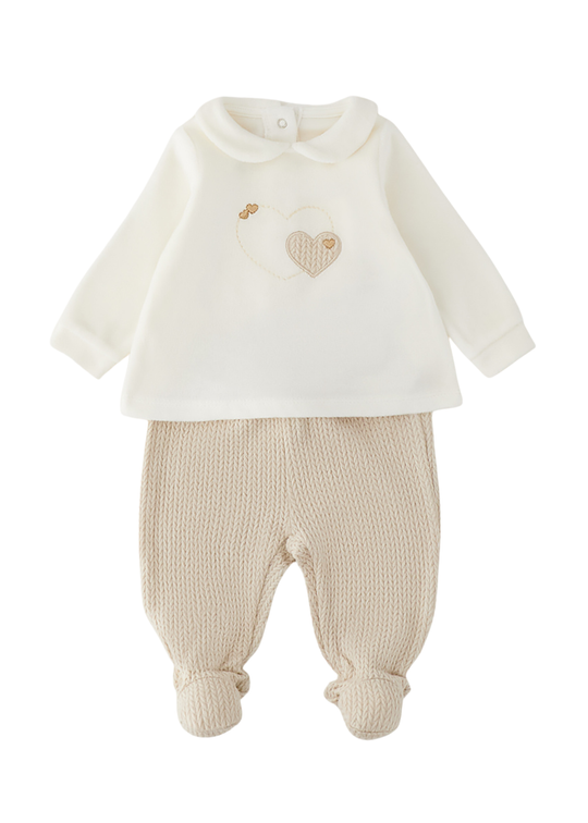 Set 2 Piese Bluza Velur Crem cu Pantaloni Bej Tricotati pentru Fete 181 – iDO