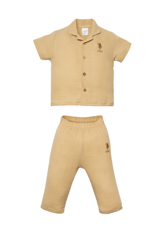 Set of 2 Beige Muslin Pieces Short Sleeve Shirt and Long Trousers USB2947 V3 Us Polo Assn