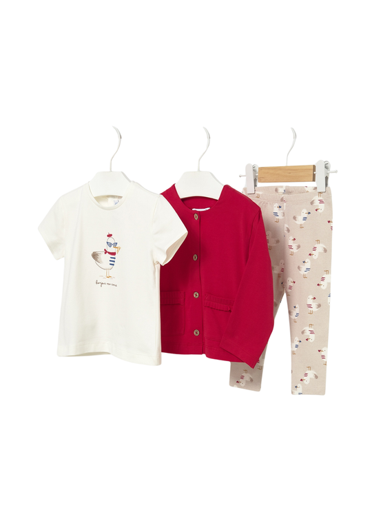 Set 3 Piese Rosu cu Bej, Cardigan, Colanti si Tricou 1749 Mayoral
