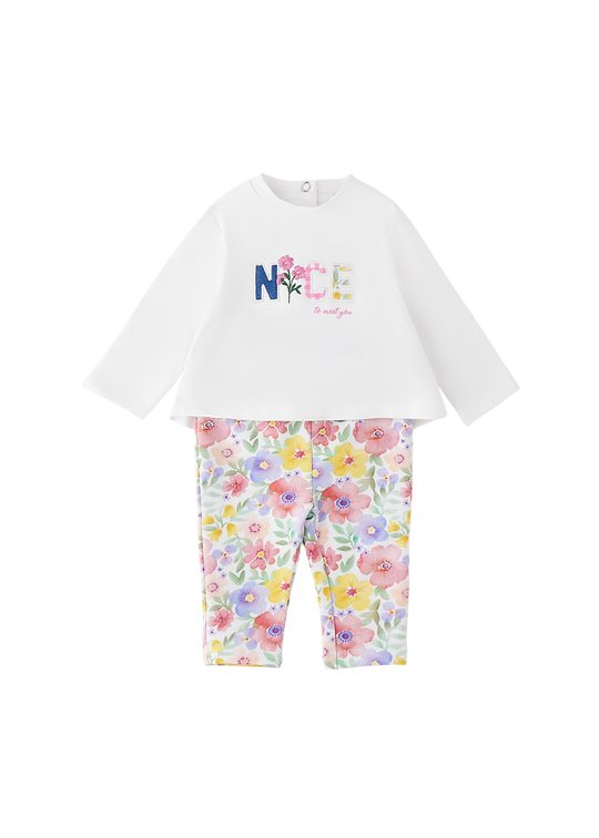 Set 2 Piese Bluza Alba Maneca Lunga Colanti Imprimeu Flori 3.G753/00 Minibanda