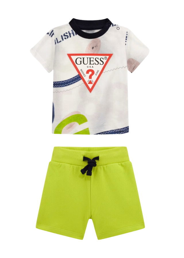 Set 2 Piese Tricou Alb Cu Bleumarin Si Pantaloni Scurti Verde Lime I5RG08 K8HM4 P8CP Guess