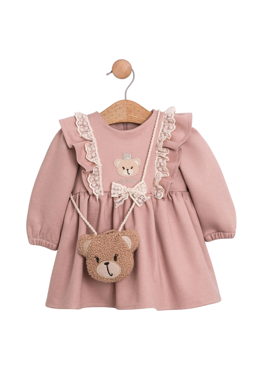 Rochie Stofa Roz cu Maneca Lunga si Geanta Ursulet 3737 Mino Baby