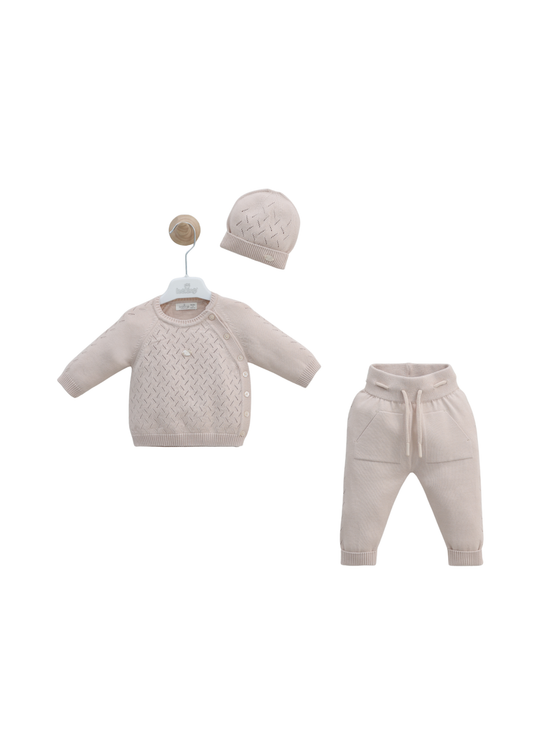 Set 3 Piese Tricotat Bej Bluza, Pantaloni si Fes 8551 Leo King