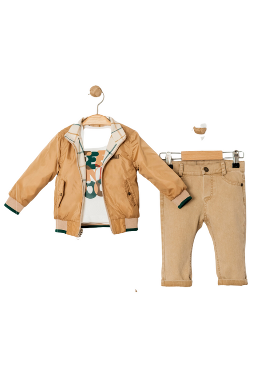 3 Piece Set Beige Jacket with Green Checks Beige Pants and Cream Blouse 15001 Bebus