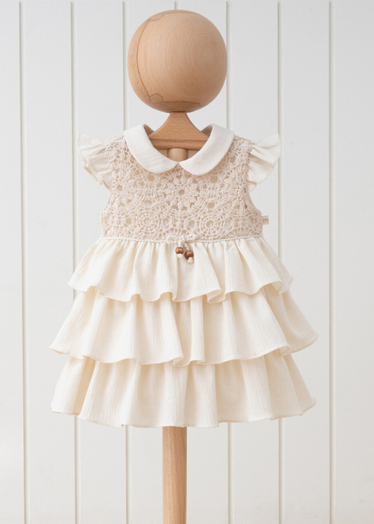 Rochie Bej Bust Macrame Fusta Volane Muselina 3905 Mymio