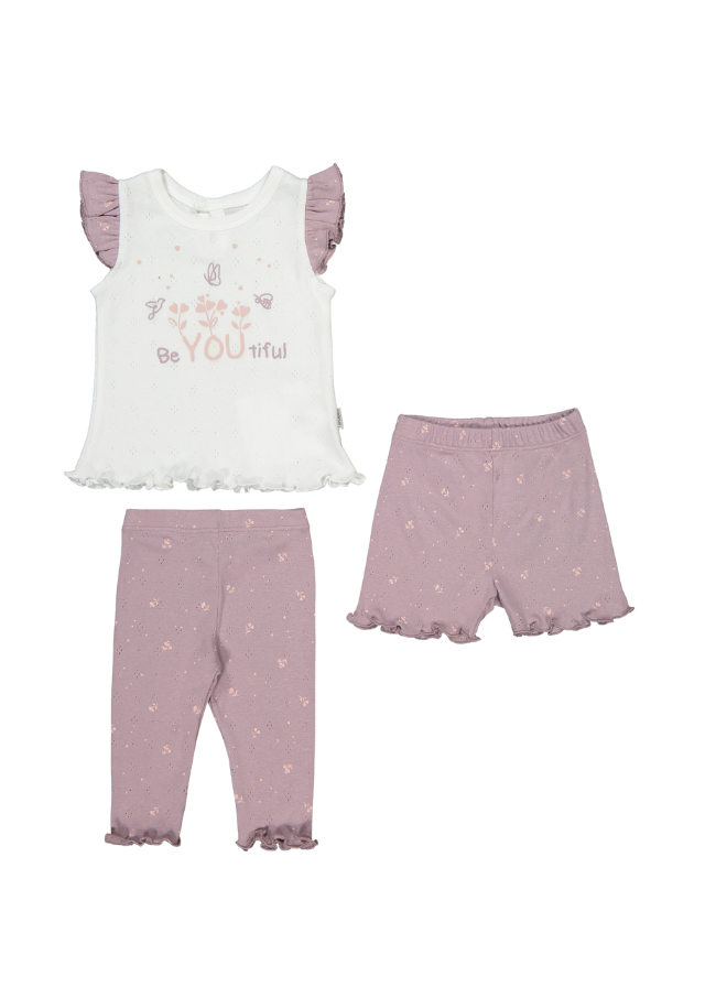 Set 3 Piese Crem cu Mov Top si 2 Perechi Pantaloni Nature F1384 Bebetto