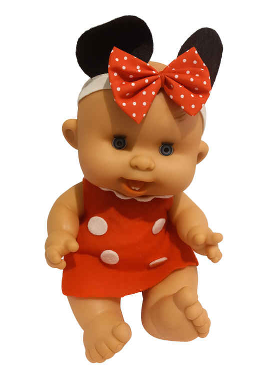 Papusa Parfumata cu Rochita Rosie din Fetru cu Buline - 26 cm - 0439 - Nines