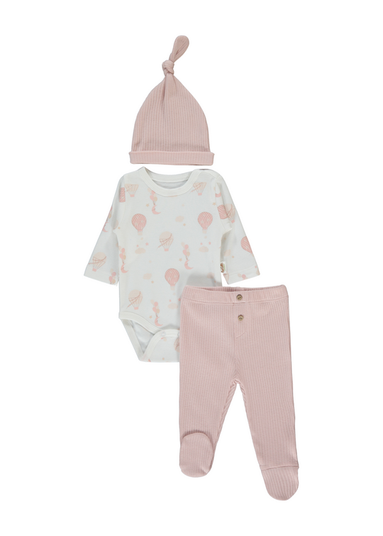 Set 3 Piese Body Crem cu Maneca Lunga Imprimeu Baloane Fes si Pantaloni Roz Pudra T4034 Bebetto