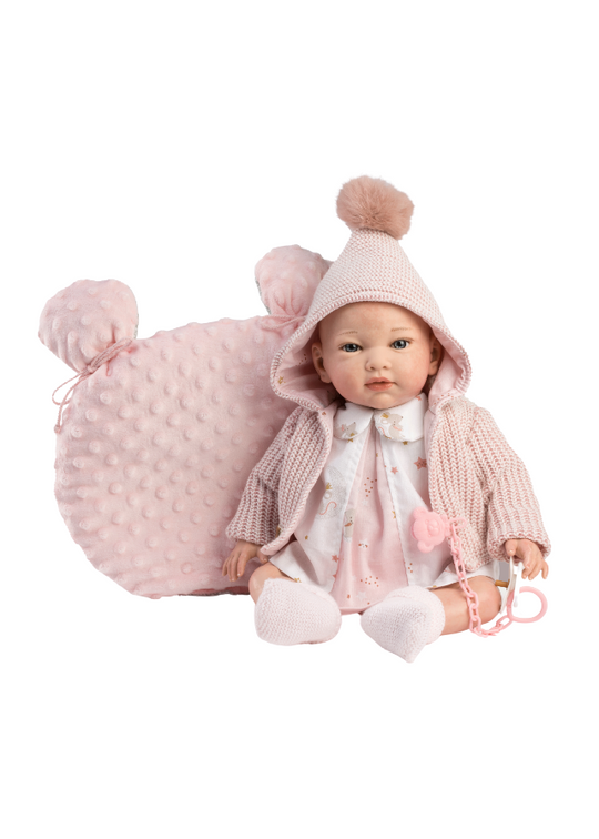 Reborn Maria 42 cm Vinil Fara Par cu Rochita Alba cu Imprimeu Stelute si Cardigan Roz 10244 Guca