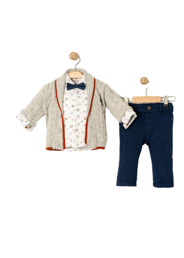 Set 3 Piese Cardigan Tricotat Gri Camasa Alba cu Animalute Pantaloni si Papion Bleumarin 15024 Bebus