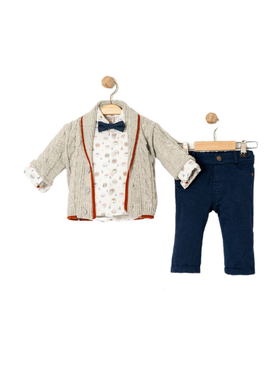 Set of 3 Gray Knitted Cardigan White Shirt with Animals Pants and Navy Blue Bow Tie 15024 Bebus