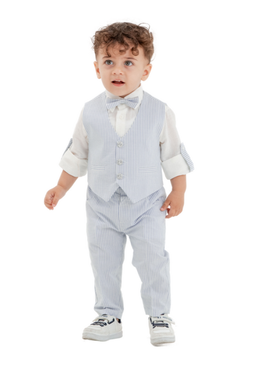 3 Piece Set, Blue Vest and Pants with White Stripes and White Shirt 9985 Lemon