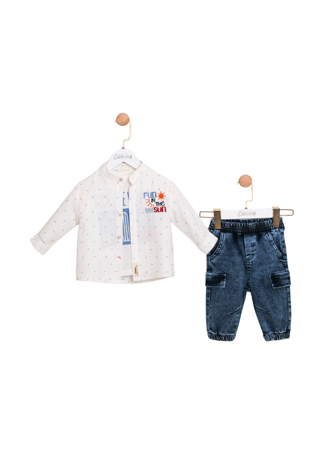 Set 3 Piese Camasa Crem cu Guler Tunica Pantaloni Lungi Denim si Tricou cu Imprimeu Surf 3610 Mino Baby