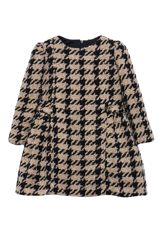 Rochie Eleganta Bej cu Negru in Carouri Pied-de-Poule 5581 – Abel & Lula