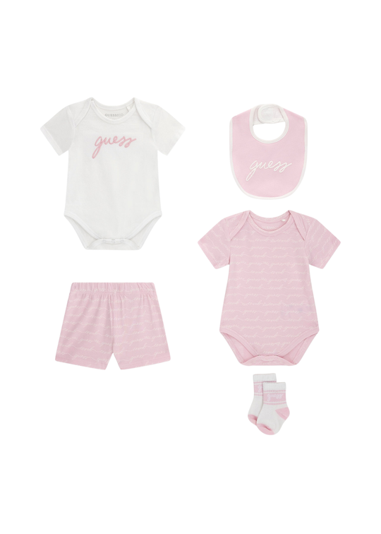Set 5 Piese Alb cu Roz, 2 Body, Pantaloni Scurti, Baveta si Sosete H6GW03 K6YW1 P08T Guess