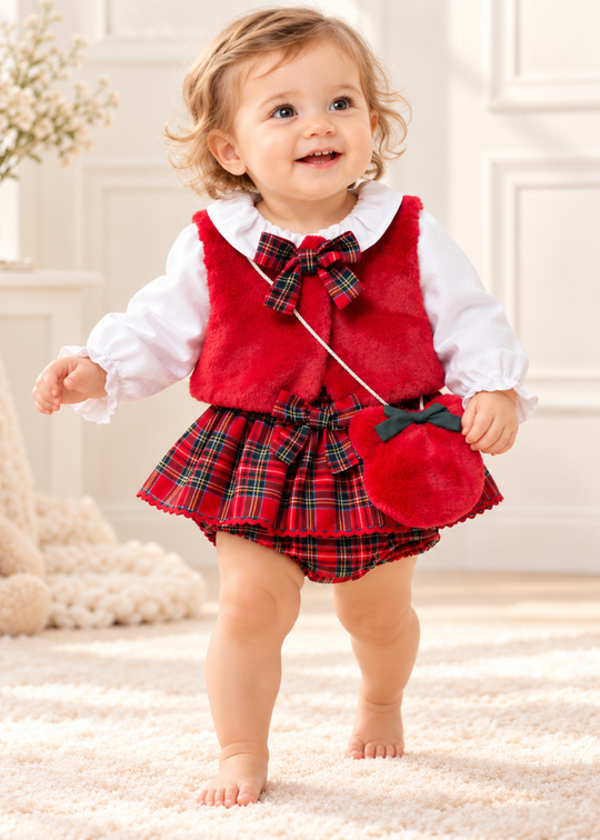 Set 4 Piese cu Vesta din Blanita Rosie si Fusta-Chilotel in Carouri pentru Fete 3923 – MinoBaby