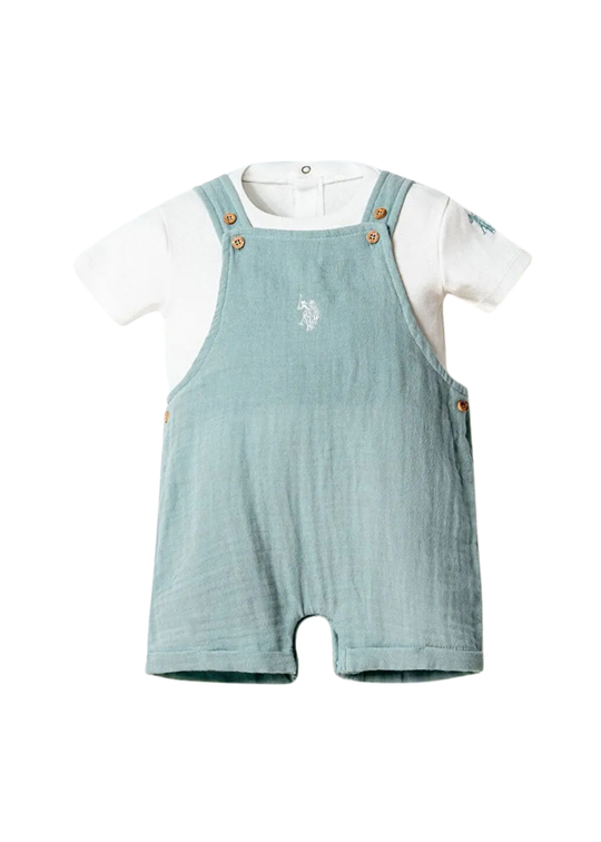 White T-shirt and Mint Green Muslin Short Overalls Set USB2881 V3 Us Polo Assn