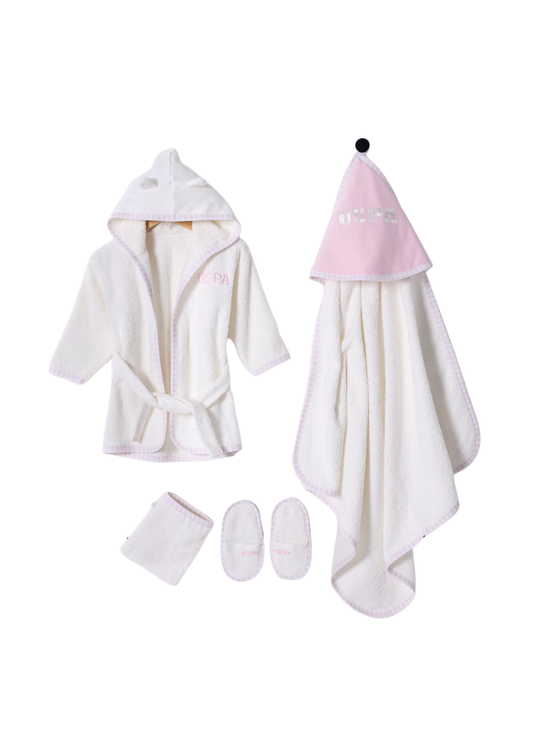 LIPSA PICZE 4 Piece Bathrobe and Bath Towel Set Cream with Pink USB2501 Us Polo Assn