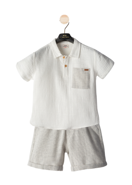 Set 2 Piese Bluza Polo Ivory Muselina cu Maneca Scurta si Pantaloni Scurti Gri M54152 Midimod Gold