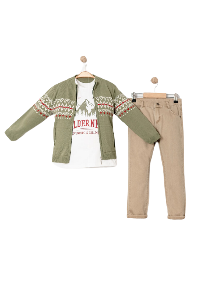 Set 3 Piese Jacheta Tricotata Verde cu Fermoar Bluza Crem cu Munti si Pantaloni Bej 15204 Bebus