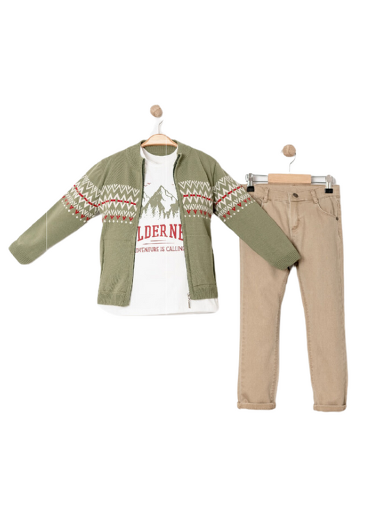 3 Piece Set Green Knitted Jacket with Zipper Cream Blouse with Mountains and Beige Pants 15204 Bebus