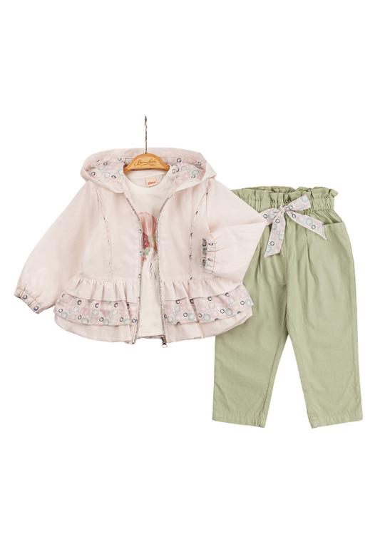 3 Piece Set, Pink Jacket with Hood and Zipper, Long Pants and White T-Shirt 6572 Bili Baby