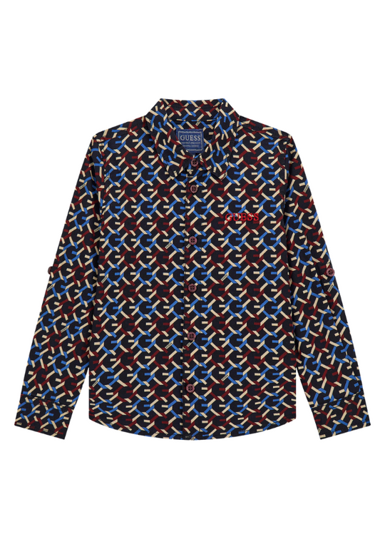 Long Sleeve Poplin Shirt Blue Print with Beige Logo N4BH00 WE5W0 P7P9 Guess