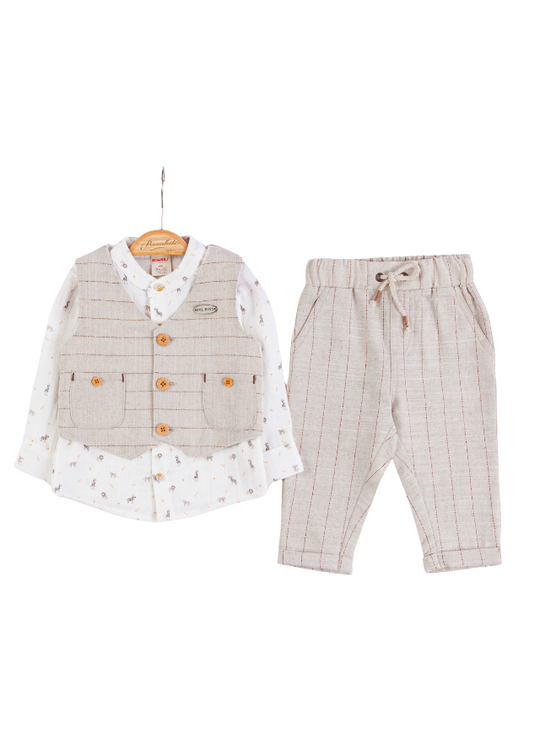 Set of 3 Pieces, Vest and Beige Pants with Stripes and Cream Shirt with Animal Print 6694 Bili Baby