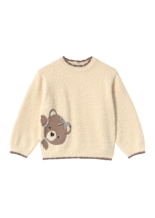 Pulover Tricotat Pufos Crem cu Ursulet pentru Fetite 2383 – Mayoral
