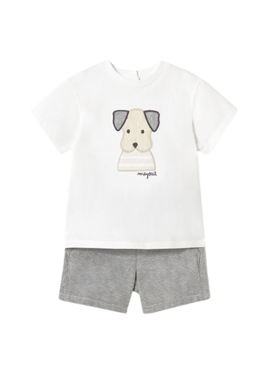 Set 2 Piese Tricou Crem cu Catel si Pantaloni Scurti Gri 1252 Mayoral