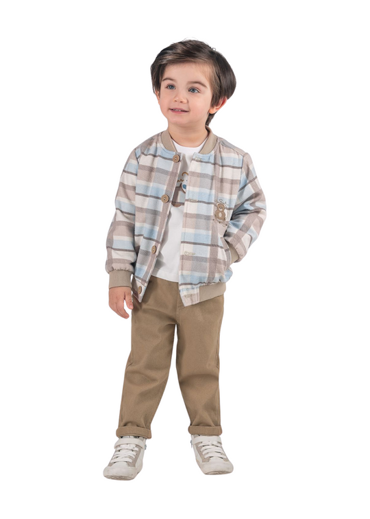 Set 3 Piese Jacheta Carouri Bej cu Bleu Bluza Crem cu Urs si Pantaloni Lungi Bej 16287 Bebus