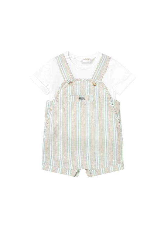 Set 2 Piese Tricou Ivory si Salopeta Scurta In Bej cu Dungi Verzi 1622 Mayoral