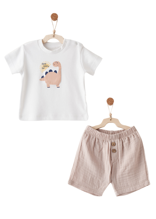 2-Piece Set: White Dinosaur T-Shirt and Beige Muslin Shorts AC26735 Andywawa