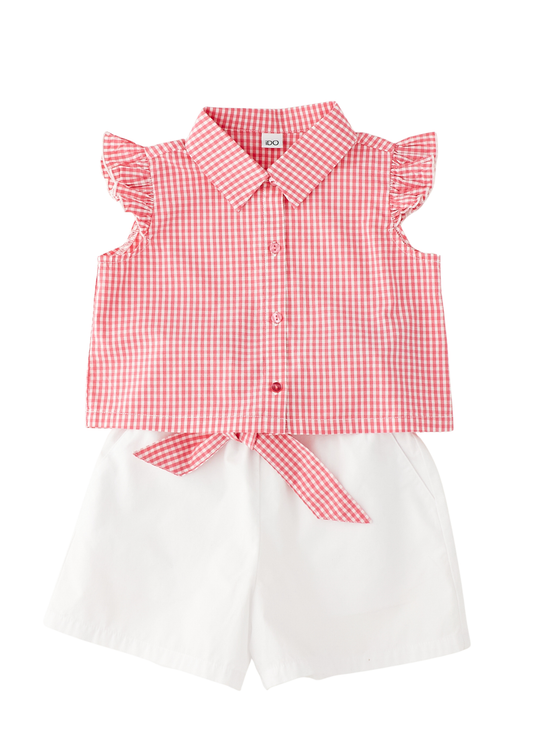 Set 2 Piese Camasa Scurta Carouri Roz si Pantaloni Scurti Albi 4.G546/00 iDO