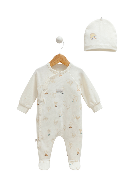 Salopeta Lunga Crem cu Imprimeu Masini si Fes Flying Cars TE1194 Mell Sweet Baby