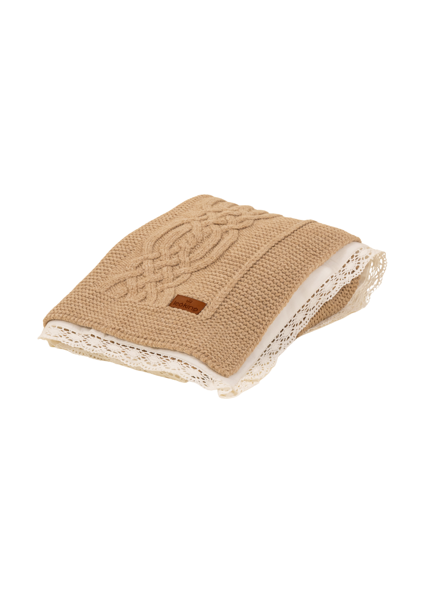  Set Pled Tricotat Bej cu Lana Merinos si Pled Bumbac cu Dantela 9719 Leo King