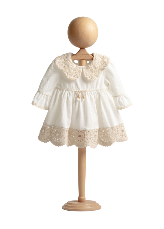 Rochie din Muselina Alba cu Maneca Lunga cu Guler Dantela Crosetata Bej 3947 MyMio