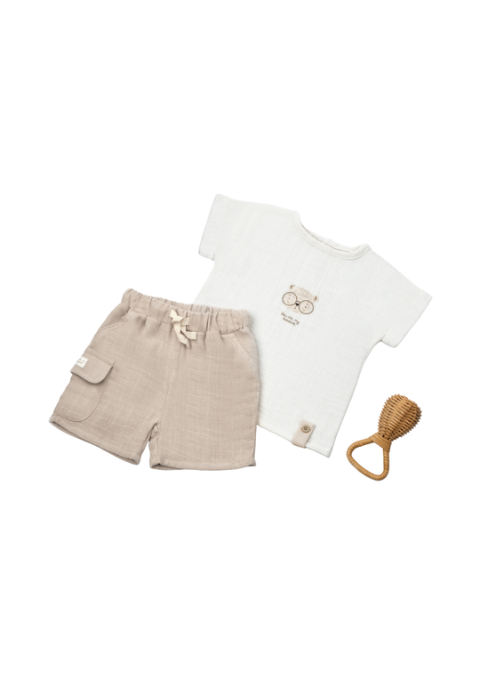 Set 2 Piese Muselina Tricou cu Urs Crem si Pantaloni Scurti Bej CSYM7104 Baby Cosy