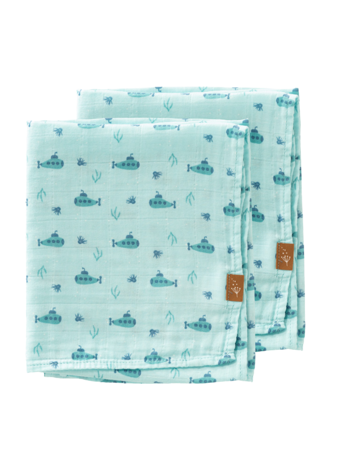 Set 2 Paturici Muselina din Bumbac Organic Turqoaz cu Imprimeu Submarine 70x60 cm F115-72 Fresk