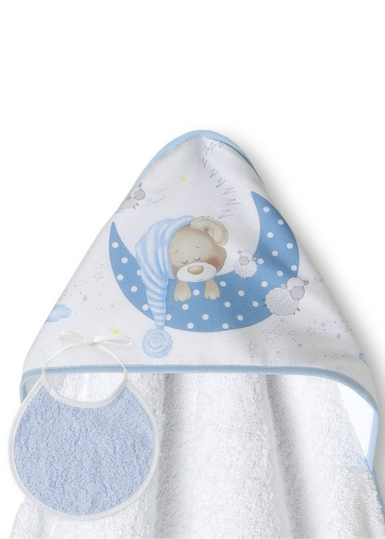 Prosop cu Capison 100x100 cm si Bavetica Alb-Bleu cu Ursulet pe Semiluna 01225-11 Interbaby
