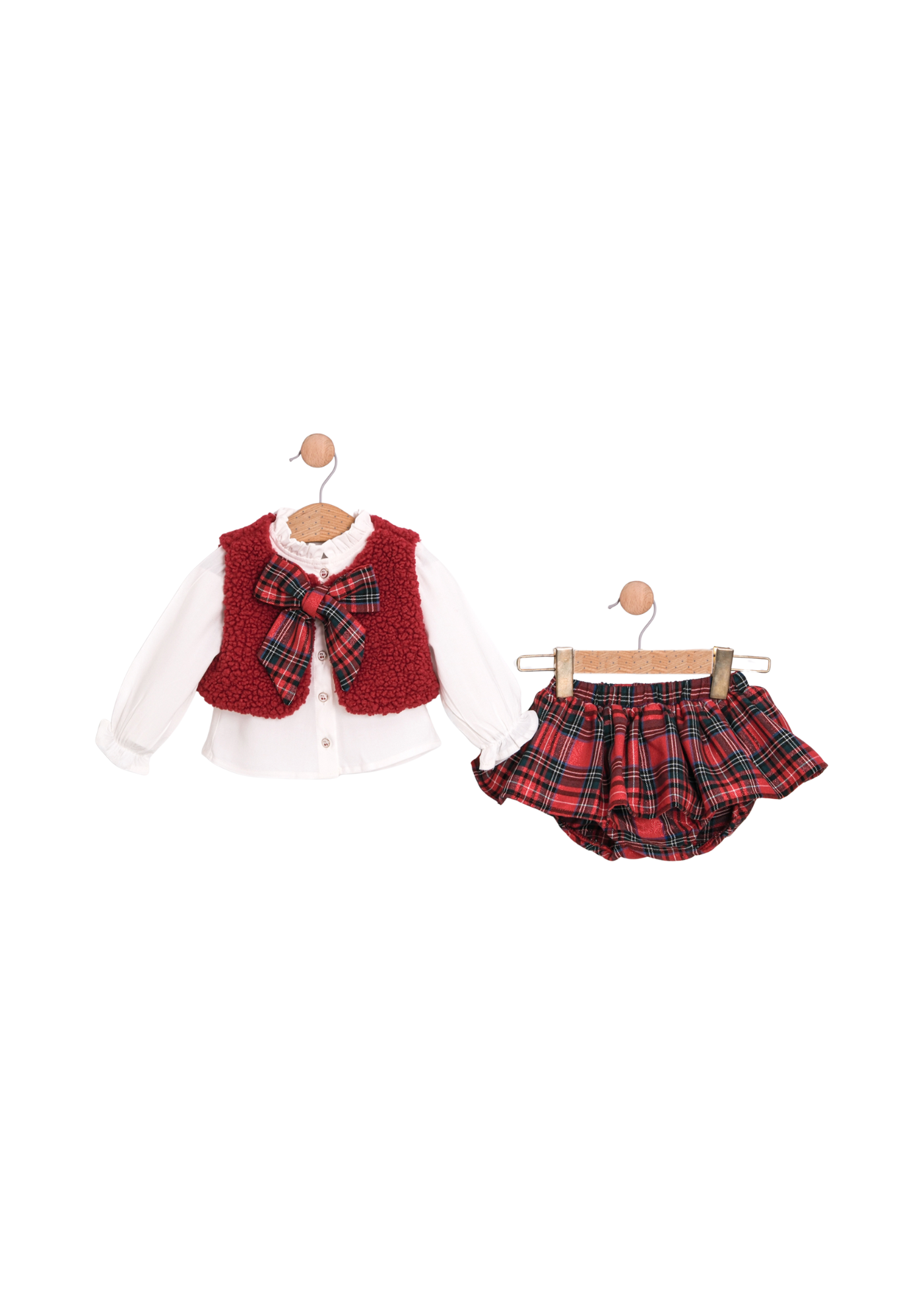 Set 3 Piese Camasa Alba Vesta Bucle Rosie si Chilotel cu Volan Ecosez 3765 Mino Baby