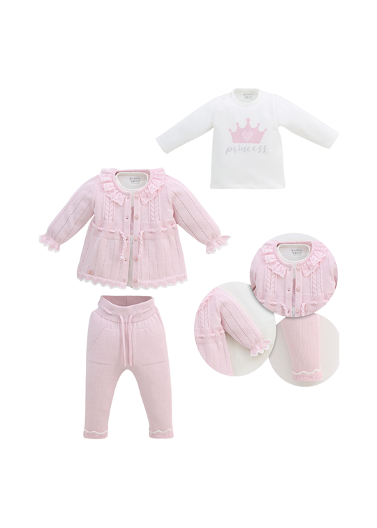 Set 3 Piese Cardigan si Pantaloni Tricotate Roz si Bluza din Bumbac 8557 Leo King