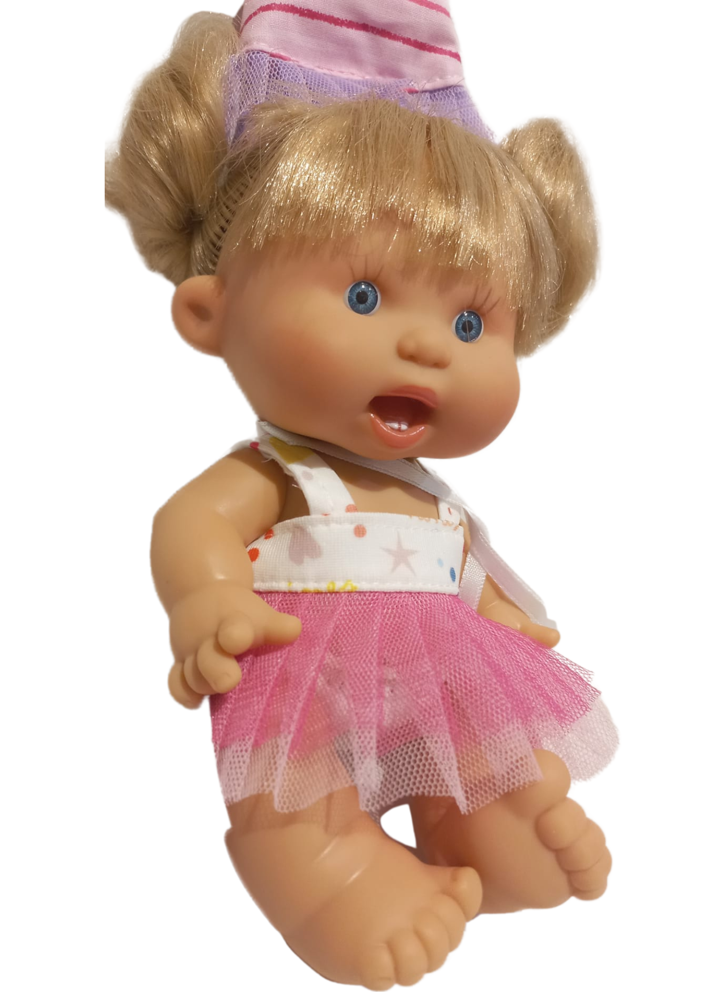 Papusa Parfumata Blonda Happy Birthday cu Rochita in Bretele Tull Ciclamen - 21 cm - 0497 - Nines