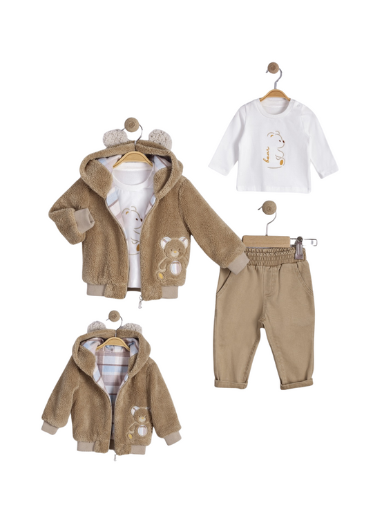 Set 3 Piese Jacheta din Plus Bej Bluza Crem cu Urs si Pantaloni Lungi Bej 16285 Bebus