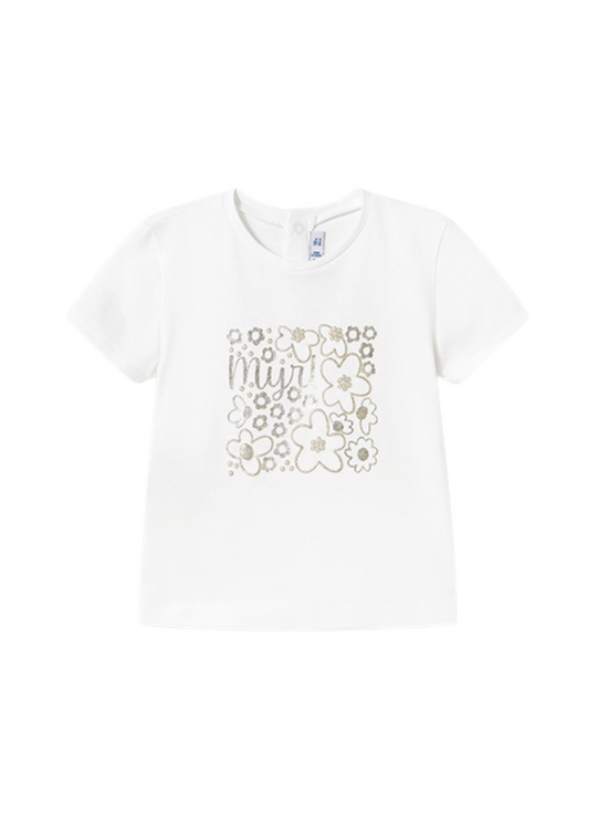 White Short Sleeve T-Shirt with Gold Print 105 Mayoral