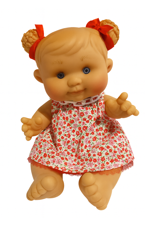 Papusa Parfumata cu Rochita Alba Imprimeu Floricele Rosii - 26 cm - 0439 - Nines