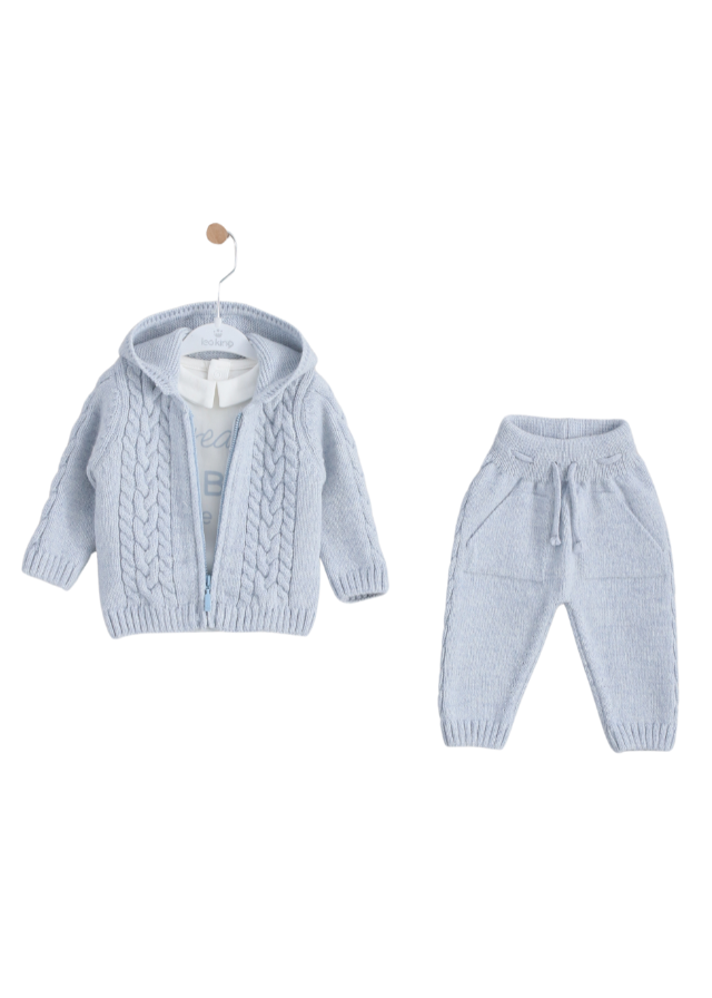 Set 3 Piese Bleu Hanorac si Pantaloni Lana Merinos si Bluza din Bumbac 9580 Leo King