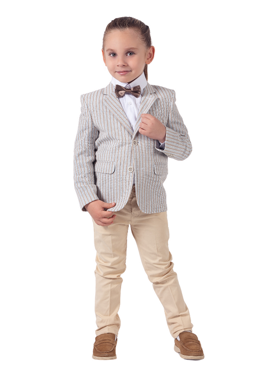 3 Piece Set, Blue Jacket with Beige Stripes, Beige Pants and White Shirt 9818 Lemon