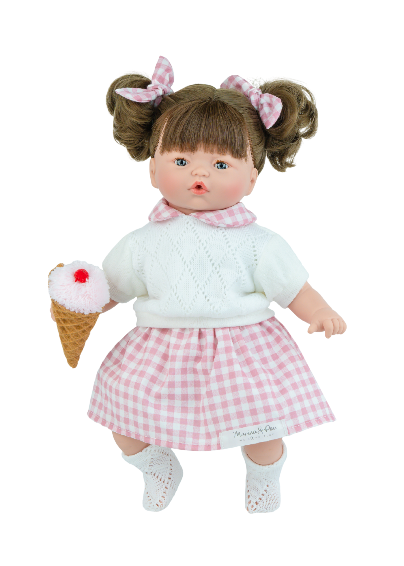 Papusa Parfumata Pitus Glace, Corp Moale cu Mecanism, Fetita cu Rochie Roz in Carouri 538 – Marina&Pau