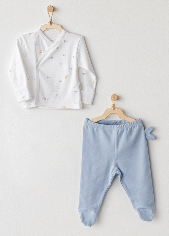 2-Piece Set: White and Blue Snapped Blouse and Long Pants with Fish Print AC25609 Andywawa